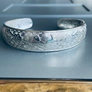 Vintage Birds Flowers Textured Sterling Silver Chinese Japanese Cuff Bra…